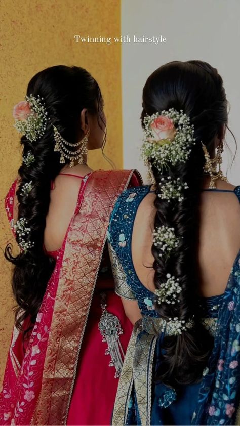 Bridal Messy Braid Indian, Blue Saree Engagement Look, Messy Hairstyles For Engagement, Hairstyle On Lehenga For Bride, Hairstyle For House Warming Ceremony, Hair For Marriage, Indian Bridal Braided Hairstyles, Messi Hairstyles For Wedding Indian, Flower Veni For Hair Indian Brides