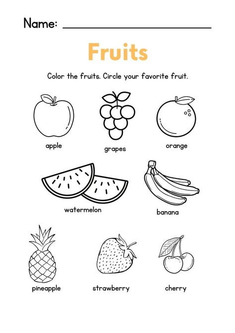 Fruit Names For Kids, Color The Fruits Worksheet, Fruit Vegetables Worksheet, Fruit Worksheets For Kindergarten, Fruits Name Worksheet, Vegetables Worksheets Kindergarten, Fruit Worksheets Preschool, Fruits Worksheets For Kindergarten, Fruit Worksheets For Kids