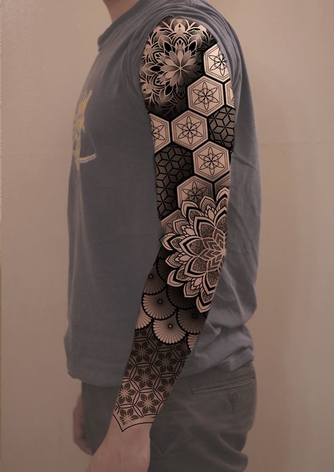 Geometric Full Sleeve Tattoo Design, Geometric Full Sleeve Tattoo, Calf Tattoo Men Ideas, Tattoo Sleeve Designs Women, Pattern Sleeve Tattoo, Dotwork Pattern Tattoo, Geometric Tattoo Leg Sleeve, Pattern Tattoo Design, Geometric Tattoo Sleeve