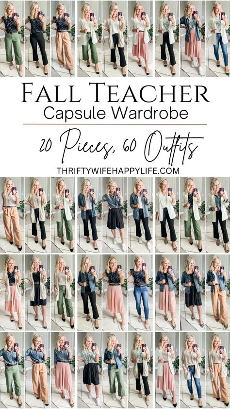 Fall Teacher Capsule Wardrobe: 20 pieces, 60 Outfits Teacher Wardrobe Capsule, Teacher Appropriate Outfits, Casual Teacher Outfits, Teacher Capsule Wardrobe, 60 Outfits, Cute Teacher Outfits, Capsule Wardrobe Women, Teacher Outfits Fall, Teacher Wardrobe