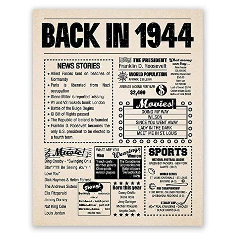 Amazon.com: 8x10 1944 Birthday Gift // Back in 1944 Newspaper Poster // 75th Birthday Gift // 75th Party Decoration // 75th Birthday Sign // Born in 1944 Print: Gateway 1920 Bedroom, 1964 Birthday, 1974 Birthday, 72 Birthday, Newspaper Poster, 59 Birthday, 75th Birthday Gifts, 89th Birthday, 49 Birthday