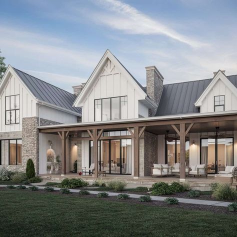 Modern Day Farmhouse Exterior, House Inspo Exterior Farmhouse, Cute Modern Farmhouse Exterior, French Farmhouse Barndominium, Farmhouse Modern House Exterior, Neutral Farmhouse Exterior, Not White Farmhouse Exterior, Country Style House Exterior, Modern Western House Exterior