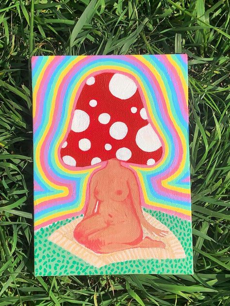 Mushroom Lady Painting, How To Paint Mushrooms, Mushroom Lady Drawing, Mushroom Lady Art, Simple Mushroom Painting, Acrylic Painting Mushroom, Acrylic Mushroom Painting, Trippy Mushroom Painting, Mushroom Painting Ideas