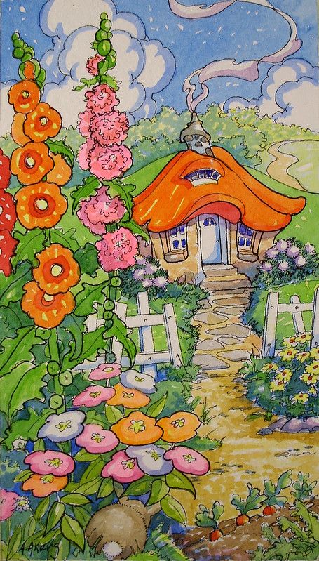 Alida Akers, Fairy Garden Drawing, Flower Garden Drawing, Cartoon Garden, Storybook Art, Canvas For Beginners, Garden Illustration, Storybook Cottage, Garden Drawing