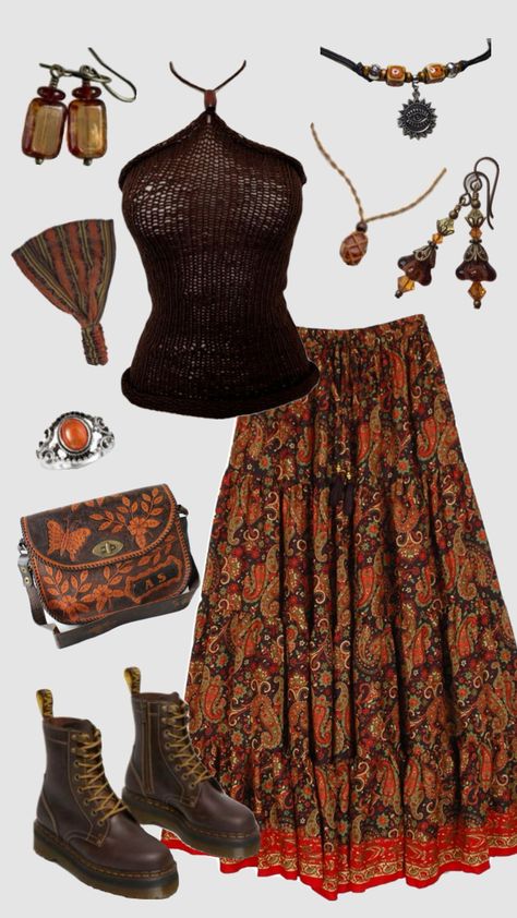 Hippie boho outfit #outfitinspo #70s #hippie #boho #earthy Beachy Boho Aesthetic Outfits, Elegant Hippie Outfits, African Aesthetic Outfits, Warm Boho Outfits, Fleetwood Mac Outfit Ideas, Boho Earthy Style, Desert Outfit Aesthetic, Colorful Hippie Outfits, Hippie 70s Outfits