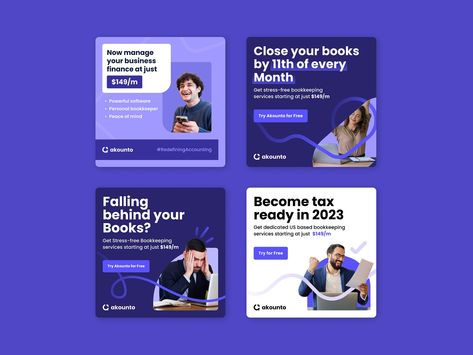 Akounto Ad Creatives by TripleDart Digital on Dribbble Ads Inspiration, Retargeting Ads Design, Social Media Visuals, Digital Advertising Design Creative, Display Ads Design, Paid Ads Design, Ad Creative Design, Half Page Ad Design, Digital Ad Design