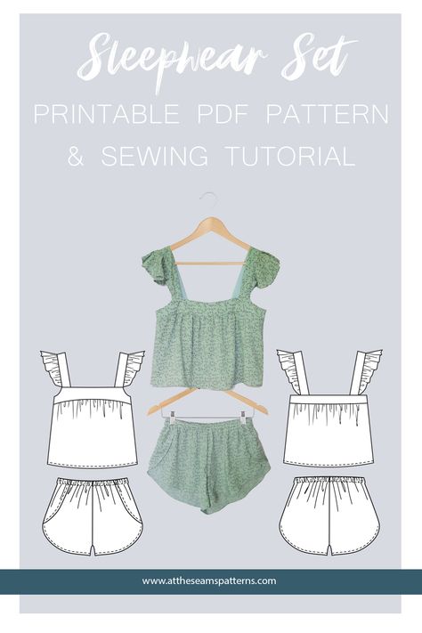 Free Sewing Patterns Tops Trendy, Free Sleepwear Sewing Pattern, Aesthetic Sewing Patterns Free, Pajama Set Pattern Sewing Free, Tops To Sew For Women, Pajama Set Pattern Sewing, Pajama Sewing Pattern Free, Digital Sewing Patterns, Summer Sewing Patterns Free