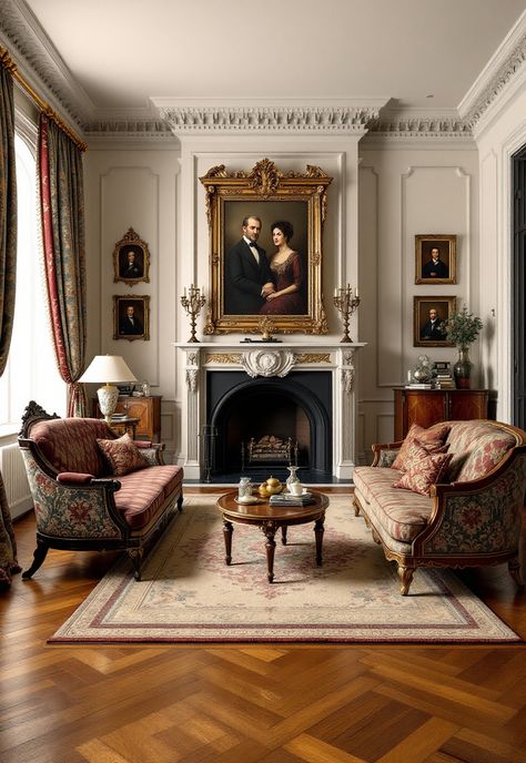 Old Money Living Room English Tudor Homes Interior Living Room, Gold Vintage Living Room, Gilded Age Home Decor, Estate Home Interior, Craftsman Style Living Room Ideas, Old Style House Interiors, Victorian Style Living Room Ideas, Room With Fireplace Decor, Old Houses Interior