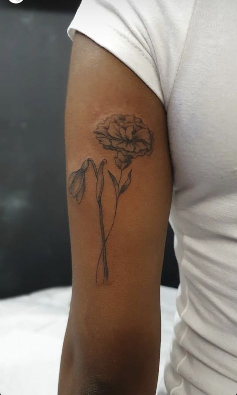 Floral Tattoo On Black Skin, Carnation And Snowdrop Tattoo, Flower Tattoos Dark Skin, Fine Line Tattoo On Dark Skin, Carnation Tattoo Sleeve, Floral Tattoos On Dark Skin, Flower Tattoos Black Women, January Flower Tattoo, Carnation Tattoo Design