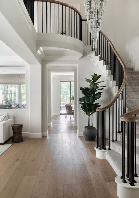 Foyer With Grand Staircase, Dark Railing Light Floor, Foyer Design Staircase, Dramatic Staircase Entryway, Two Staircases In House, Staircase Nook Decor, House With Two Staircases, European Style Staircase, Angled Staircase Foyer