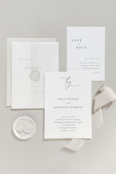 White On White Invitation, Cream And White Wedding Invitations, White Wax Seal Wedding Invitations, Wedding Invitations Monogram, Wedding Invite Simple, Wedding Invitation Vellum Wrap, White Invitations Wedding, Civil Wedding Invitation, Wedding Card Minimal