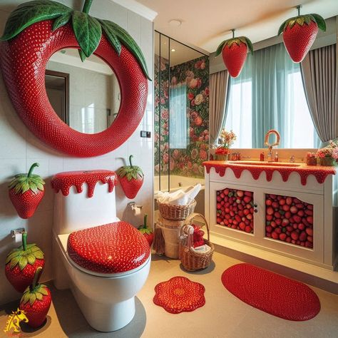 Strawberry-Inspired Bathroom Strawberry Bathroom, Maximalist Home, Burst Of Color, Chill Room, Future Apartment Decor, Home Makeover, Apartment Essentials, Room Makeover Inspiration, Dream Decor