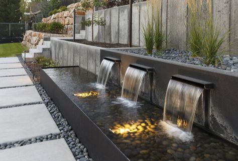 Terrace Water Fountain, Spillway Water Feature, Terrace Fountain, Backyard Water Features, Landscape Fountain, Backyard Waterfall, Outdoor Wall Fountains, Water Wall Fountain, Modern Water Feature