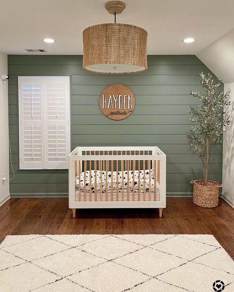 19 Green Accent Wall Ideas to Refresh Your Space Nursery Hardwood Floors, Sage Green Shiplap Wall Nursery, Green Nursery Design, Nursery Ideas Paint, Wildlife Theme Nursery, Retreat Sherwin Williams Living Room, Green Baby Rooms, Boho Green Nursery, Sage Green Nursery Gender Neutral