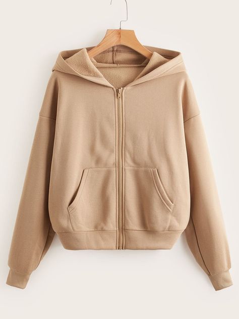 Solid Drop Shoulder Zipper Up Hoodie Zip Up Hoodie Aesthetic, Beige Hoodies, Drop Shoulder Hoodie, Women Sweatshirts, Lined Hoodie, Khaki Fashion, Scenery Nature, Athleisure Fashion, Hoodie Outfit