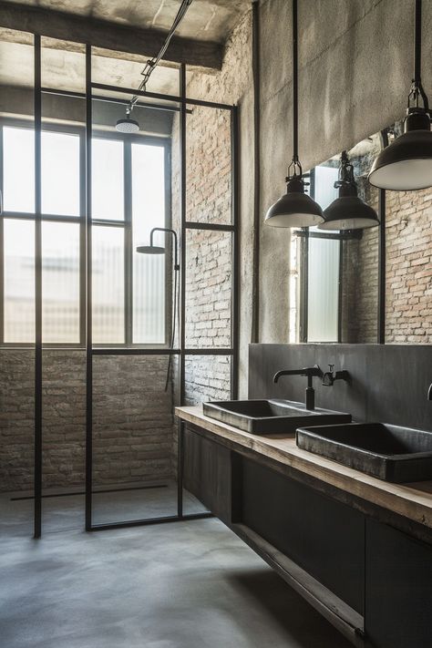 Discover modern bathroom ideas with an industrial twist. This design showcases exposed brick, metal frames, and sleek fixtures for a contemporary yet cozy vibe. Perfect for those looking to transform their space! #bathroomdesign #industrialstyle #homeremodel Bathroom Industrial Chic, Modern Bathroom Ideas, Industrial Style Bathroom, Chic Bathroom, Calming Spaces, Style Bathroom, Half Bathroom, Metal Frames, Exposed Brick