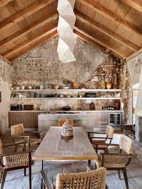 THE RENOVATION OF A 15TH CENTURY BUILDING IN CROATIA Old Stone Houses, Kitchen And Dining Room, Stone Walls, Stone Houses, Stone House, Full House, Rustic Interiors, Dubrovnik, 15th Century