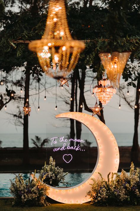 Celestial Wedding Theme, Starry Wedding, Starry Night Wedding, Romantic Backdrop, Moon Wedding, Celestial Wedding, Bali Wedding, Wedding Chicks, To The Moon And Back