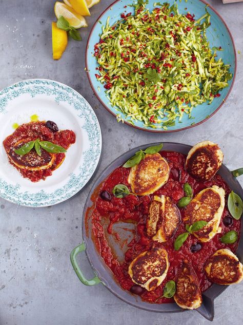 Ricotta fritters with tomato sauce & courgette salad Jamie Oliver 15 Minute Meals, Jamie's 15 Minute Meals, Courgette Salad, 15 Min Meals, Ricotta Fritters, Zucchini Salad, Jamie Oliver Recipes, 15 Minute Meals, Fritter Recipes