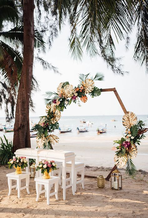 Weddings in Thailand | Wedding Boutique Phuket | Tropical Colorful Elopement Wedding Arch Decoration Ideas, Arch Decoration Ideas, Colorful Elopement, Simple Wedding Arch, Wooden Wedding Arches, Outdoor Wedding Backdrops, Beach Wedding Arch, White Wedding Arch, Wedding Arches Outdoors