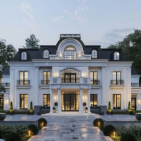 Discover a luxurious Scandinavian mansion featuring a classic white facade, intricate architectural details, and expansive windows. This three-story masterpiece has wrought-iron balconies, a grand archway, and tall double doors. The meticulously landscaped garden boasts symmetrical hedges, topiary trees, and a paved driveway illuminated by elegant lighting. Experience the refined, timeless charm of this opulent mansion, perfect for those seeking sophisticated elegance. Outside Of A Mansion, Dream Exterior Home, Grand House Exterior, White Two Story House, Scandinavian Mansion, Mansions Luxury Exterior, Classic Facade Design, Double Fronted House, Chic Architecture