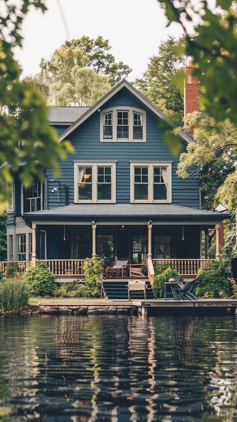 Discover lakeside tranquility with this beautiful home featuring a private dock. Enjoy peaceful moments by the lake and soak in the scenic beauty of waterfront living. Find summer aesthetic ideas and plan your lakeside retreat for a serene summer getaway. Lake House New England, Home By The Lake, Canadian Cottage Aesthetic, Small Lake Cottage Exterior, Minnesota Lake House, Lake House Summer Aesthetic, Lake House On Stilts, Lake House Inspiration, Lake House Vibes