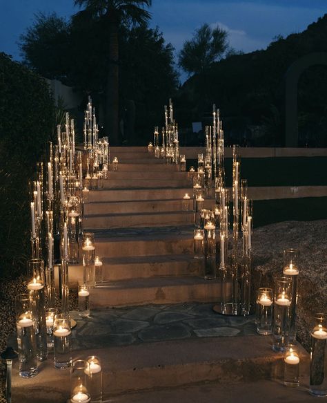 Candle Lit Backyard Wedding, Unique Altar Wedding, Lit Up Wedding Aisle, Candles On Steps Wedding, Italian Indoor Wedding, Candle Aesthetic Wedding, Fairytale Indoor Wedding, Wedding Outside Lights, Wedding Ceremony Ideas Candles