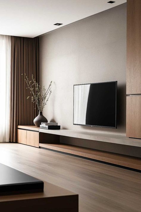 Sleek Tv Unit Design For Living Room, Aesthetic Tv Unit Design, Tv Wall Decor Aesthetic, Wall Tv Stand Ideas, Living Room Tv Wall Designs, Aesthetic Tv Unit, Tv Unit Design Minimalist, Tv Space Ideas, Tv Wall Decor Modern