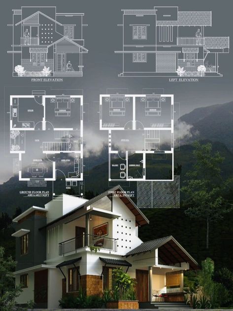 Architectural Floor Plan Presentation, Floor Plans With Elevations, 800sqft House Plans, Plan Design Architecture, Village Plan, 3bhk Villa, House Projects Architecture, Building Design Plan, Pelan Rumah