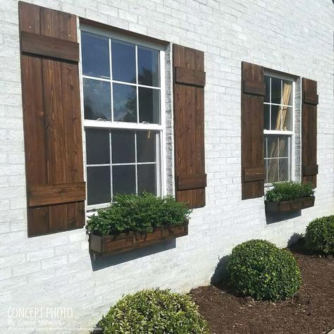 Wood Exterior Shutters, Farmhouse Shutters, Cedar Shutters, Painted Brick House, Board And Batten Shutters, House Shutters, Exterior Shutters, Home Exterior Makeover, Farmhouse Windows