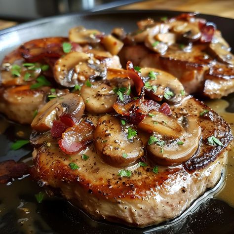 Bacon Mushroom Pork Chops Recipe - Baked Stuffed Pork Chops, Healthy Pork Chop Recipes, Sweet Chili Sauce Recipe, Bacon Mushroom, Mushroom Pork Chops, Low Carb Pork, Creamy Parmesan Sauce, Pork Chop Recipes Baked, Bacon Stuffed Mushrooms