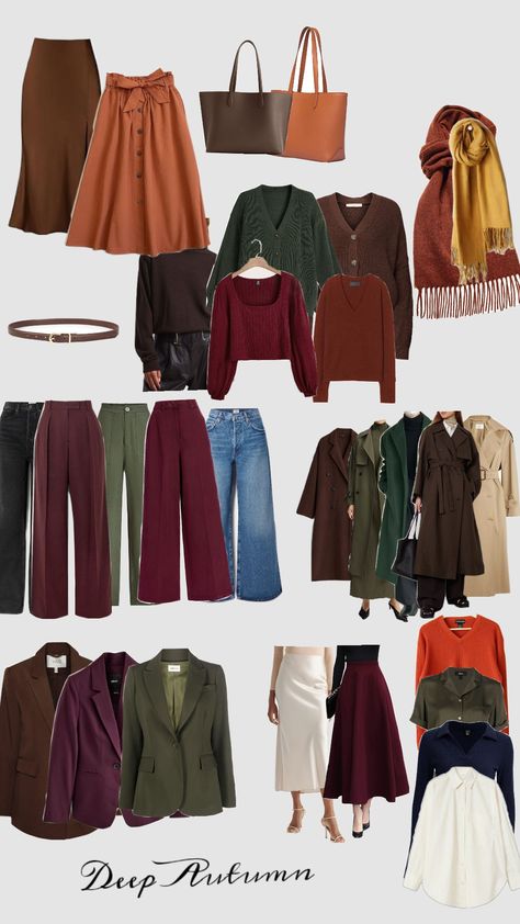 deep atumn colour pallatte Deep Winter Autumn Outfits, Deep Autumn Colour Palette Clothes, Dark Autumn Outfits For Winter, Autumn Season Color Palette Outfits, Warm Autumn Outfits Color Palettes, Fashion Color Theory, Autumn Seasonal Color Analysis Outfits, Deep Autumn Outfits Plus Size, Deep Autumn Vs Warm Autumn