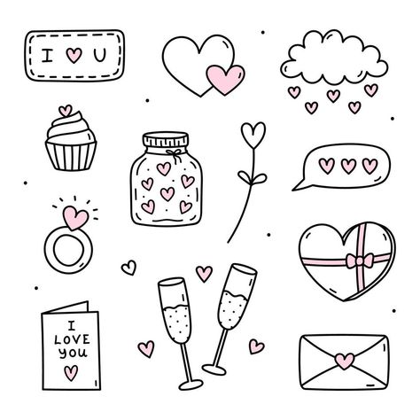 Cute set of doodles for Valentine's Day - glasses of champagne, love cards, envelopes, jar with hearts and others. Vector hand-drawn illustration. Perfect for holiday designs, stickers, decor. Valentines Day Love Letters, Couples Doodles, Valentines Day Doodles, Valentine Drawing, Valentine Doodle, Cute Drawings Of Love, Valentines Day Drawing, Designs Stickers, Heart Doodle