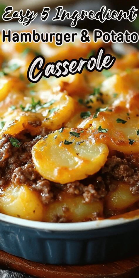 Easy 5-Ingredient Hamburger & Potato Casserole One Dish Potato Meals, Hamburger Pie Casserole, Easy Meat And Potatoes Recipes, Easy Hamburger Potato Casserole Recipes, Hamburger Potato Cheese Casserole Recipes, Hamburger Potato Casserole With Cream Of Mushroom Soup, Easy Hamburger Meals For Dinner, Hamburger Main Dish Recipes, Cheesy Hamburger Casserole Potatoes