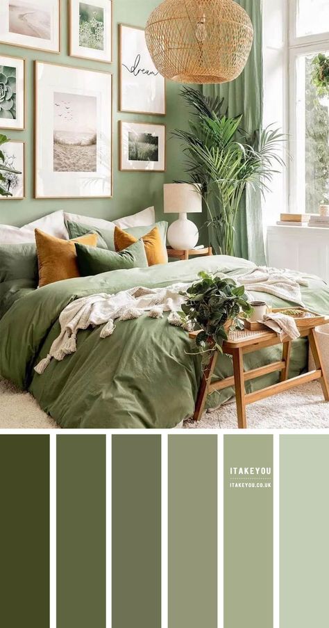 Colour Palette For Bedroom, Green Color Palette Bedroom, Boho Sage Green Bedroom, Colour Palette Green, Green Room Ideas Bedroom, Palette Green, Sage Green Bedroom, Bedroom Colour Palette, A Frame House Plans