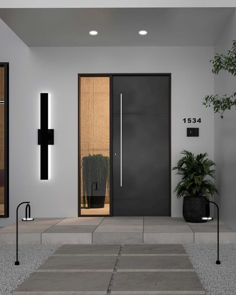 Modern Entrance, Modern Front Door, Kuzco Lighting, Led Outdoor Wall Lights, Entry Way, Led Wall Lights, Modern Exterior, House Entrance, Exterior Lighting