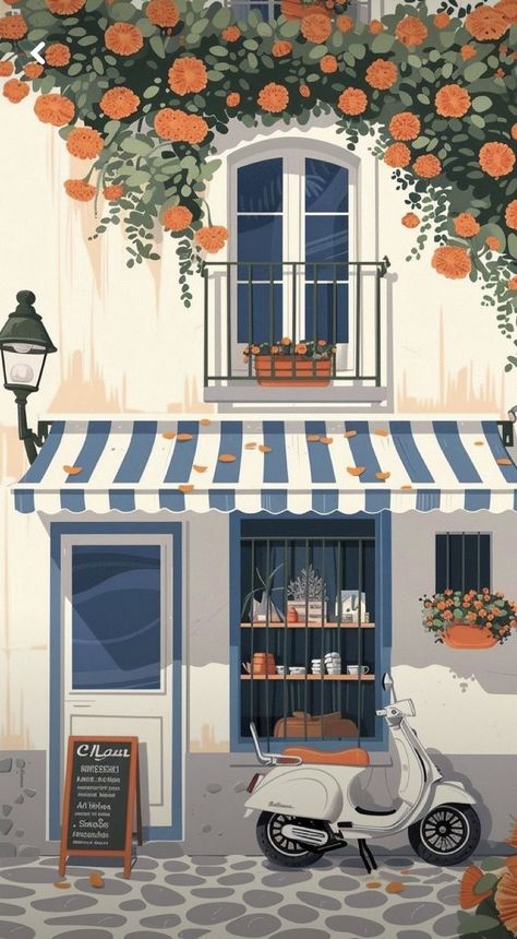 Italian Store Design, Italy Painting Aesthetic, Watercolor Aesthetic Wallpaper, Wallpaper Vespa, Vespa Painting, Vespa Wallpaper, Cafe In Italy, Italian Background, Italy Vespa