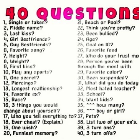 ask me! please! I love these things, for some reason (:.just pick a number and ill answer the question it goes with 40 Questions Game, T Or D Questions, 21 Questions Game, Snapchat Question Game, Q And A Questions, 40 Questions, Snapchat Questions, Who Knows Me Best, Best Friend Quiz