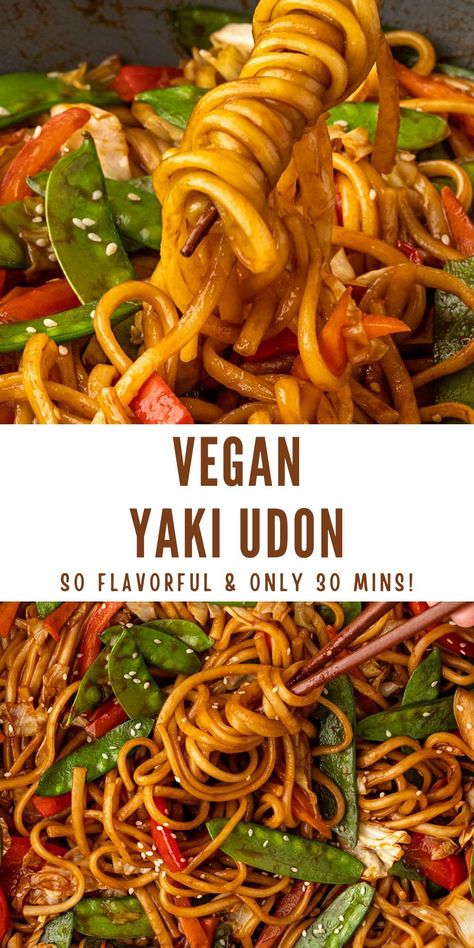 If you're looking for an easy weeknight dinner that is full of flavor, then you're going to love this 30-minute Vegan Yaki Udon! This easy veggie stir fry is filled with soft & chewy udon noodles, fresh crisp veggies, & the most delicious tangy sauce. Vegan Shanghai Noodles, Wok Noodle Recipes, Vegan Chinese Noodles, Vegan Rice Noodle Dishes, Vegan Noodle Dishes, Tofu Noodle Recipes, Vegetarian Japanese Recipes, Vegan Asian Noodles, Thai Recipes Vegetarian