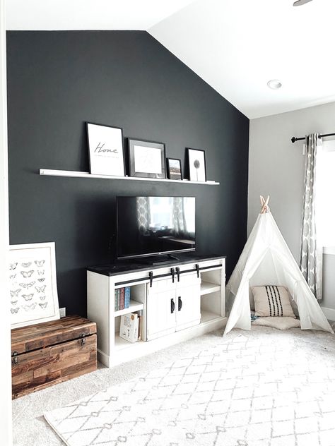 Accent Wall For Playroom, Black Accent Wall Playroom, Playroom With Accent Wall, Dark Grey Playroom, Black Wall Playroom, Gray Playroom Ideas, Playroom Accent Wall Color, Cheating Heart Benjamin Moore, Accent Wall Playroom