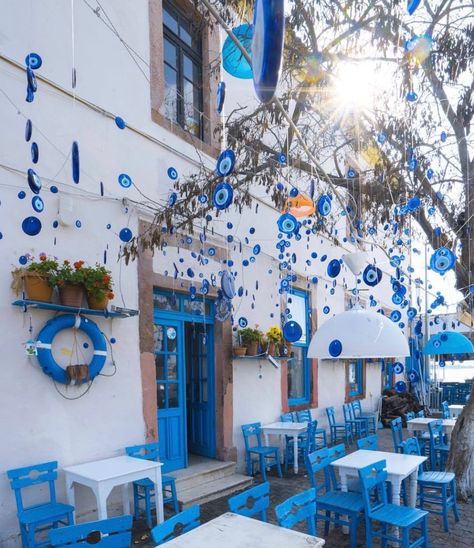 Evil eye Patio Greek Cafe, Greek Garden, Greek Decor, Greek Restaurants, Eye Decor, Greek Style, Mediterranean Style, Restaurant Interior, Beautiful Places To Travel