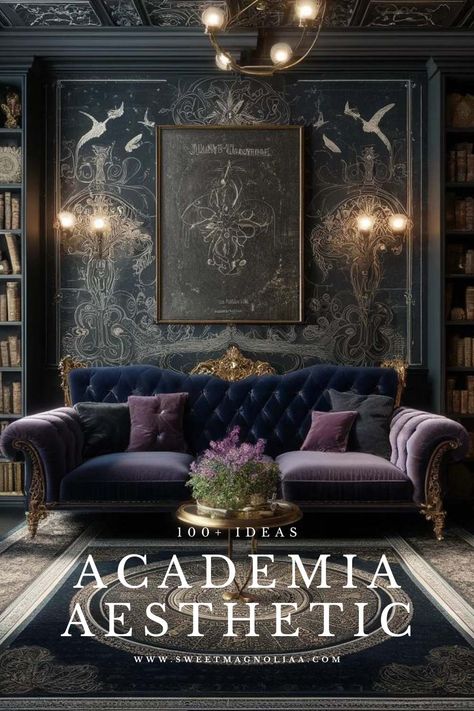 Looking for Academia Aesthetic ideas for decor and fashion? Look no further! This video has over 500 ideas to help you create the perfect academic-inspired look. #darkacademia #academia #interiordesign Dark Academia Ceiling Decor, French Victorian House Interior Design, Art Deco Dark Academia, Dark Academia Vampire Aesthetic, Dark Academia Salon, Dark Feminine Interior Design, Dark Academia Interiors, Academia Office Aesthetic, Dark Academia Craft Room