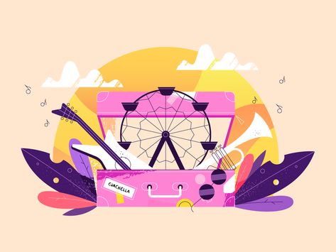 Coachella suitcase by Julia Hanke on Dribbble Carnival Themes, Saint Charles, San Rafael, Silver Spring, Show And Tell, Creative Professional, Global Community, Tops Designs, Illustration Art