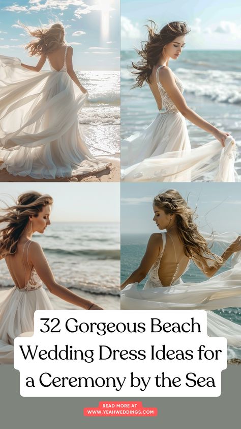 A bride wearing a flowing beach wedding dress, standing by the sea with the ocean breeze gently blowing through her hair, showcasing the light and airy fabric perfect for a seaside ceremony. Beach Wedding Gown Boho, Beach Wedding Dress Satin, Pacific Island Wedding Dress, Beach Wedding Dress Hawaii, Light Wedding Dress Beach, Wedding Dresses For Hot Weather, Wedding In Hawaii Dresses, Wedding Dresses Tropical, Vintage Beach Wedding Dress