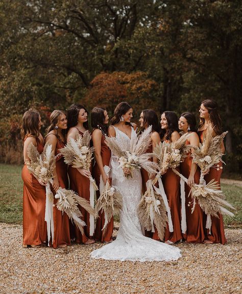 Bridesmaid Dresses Orange, Rustic Bridesmaid Dresses, Orange Wedding Themes, Burnt Orange Bridesmaid Dresses, Rustic Bridesmaids, Rusting Wedding, Dresses Orange, Western Themed Wedding, Orange Bridesmaid