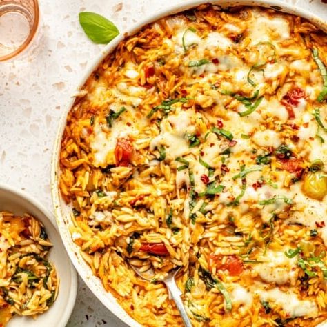 One Pan Tomato Basil Baked Orzo | Ambitious Kitchen Ambitious Kitchen Recipes, Baked Orzo, Burst Cherry Tomatoes, Veggie Mains, Pistachio Pesto, Tomato Basil Sauce, Orzo Recipes, Ambitious Kitchen, Leftover Rotisserie Chicken