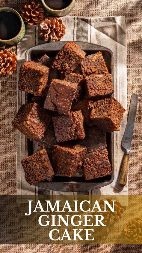 Squares of Jamaican ginger cake in a baking tin on a hessian background. Sticky Jamaican Ginger Cake, Jamaican Ginger Cake, Ginger Cake Recipe, Ginger Cakes, Sticky Ginger Cake, Treacle Sponge, African Cake, Jamaican Desserts, Black Treacle