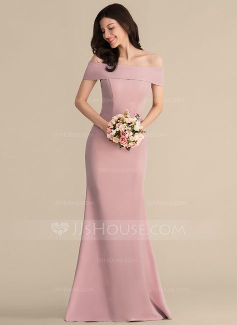 Trumpet/Mermaid Off-the-Shoulder Floor-Length Stretch Crepe Bridesmaid Dress Blush Bridesmaid Dresses Long, Grey Bridesmaids Dresses, Crepe Bridesmaid Dress, Moh Dress, Off Shoulder Bridesmaid, Off Shoulder Bridesmaid Dress, Blush Pink Bridesmaids, Maid Of Honor Dress, Blush Pink Bridesmaid Dresses