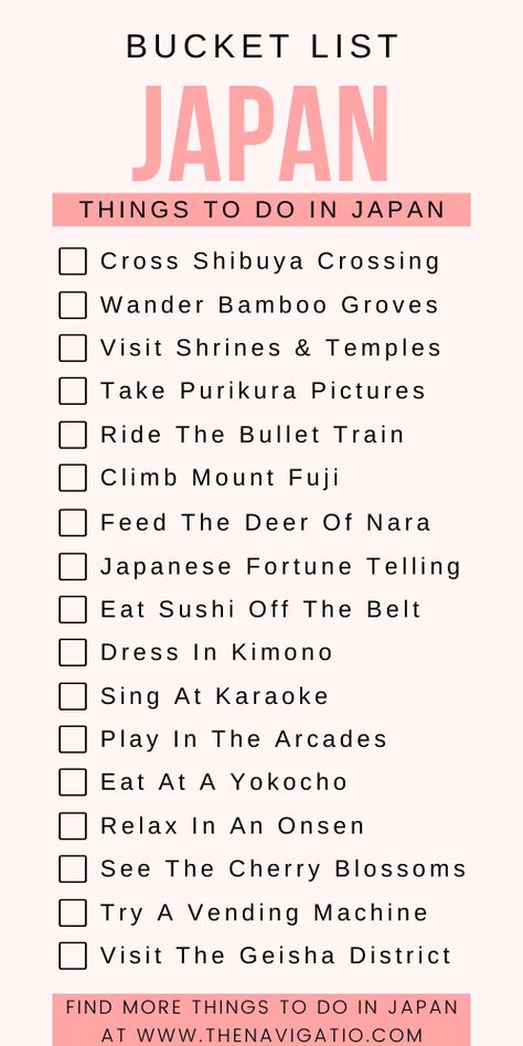 Japan Bucket List Challenge, What To Do In Japan Tokyo, Japan Travel Checklist, Japanese Travel Aesthetic, Kyoto Bucket List, Bucketlist Travel Ideas, Japan To Do List, Osaka Japan Itinerary, Places To Go In Tokyo Japan