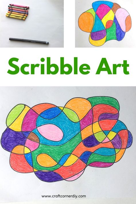 Learn how to turn scribbles into colorful art. Easy craft for kids or adults.  #kidscraft #craftforkids Easy Art For Kindergarteners, Simple Art Projects For 2nd Grade, Fun Art Projects For Kindergarten, Simple First Grade Art Projects, Art Activities Elementary School, Creative Art Projects For Preschoolers, Art Craft For Elementary Students, Last Minute Art Lesson, Abstract Art Kindergarten